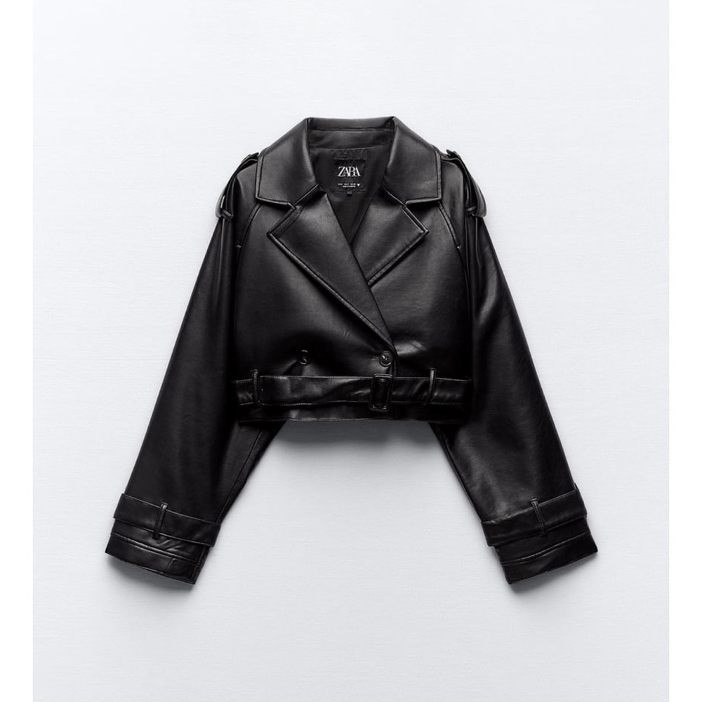 ZARA BLACK OVERSIZED CROPPED FAUX LEATHER TRENCH